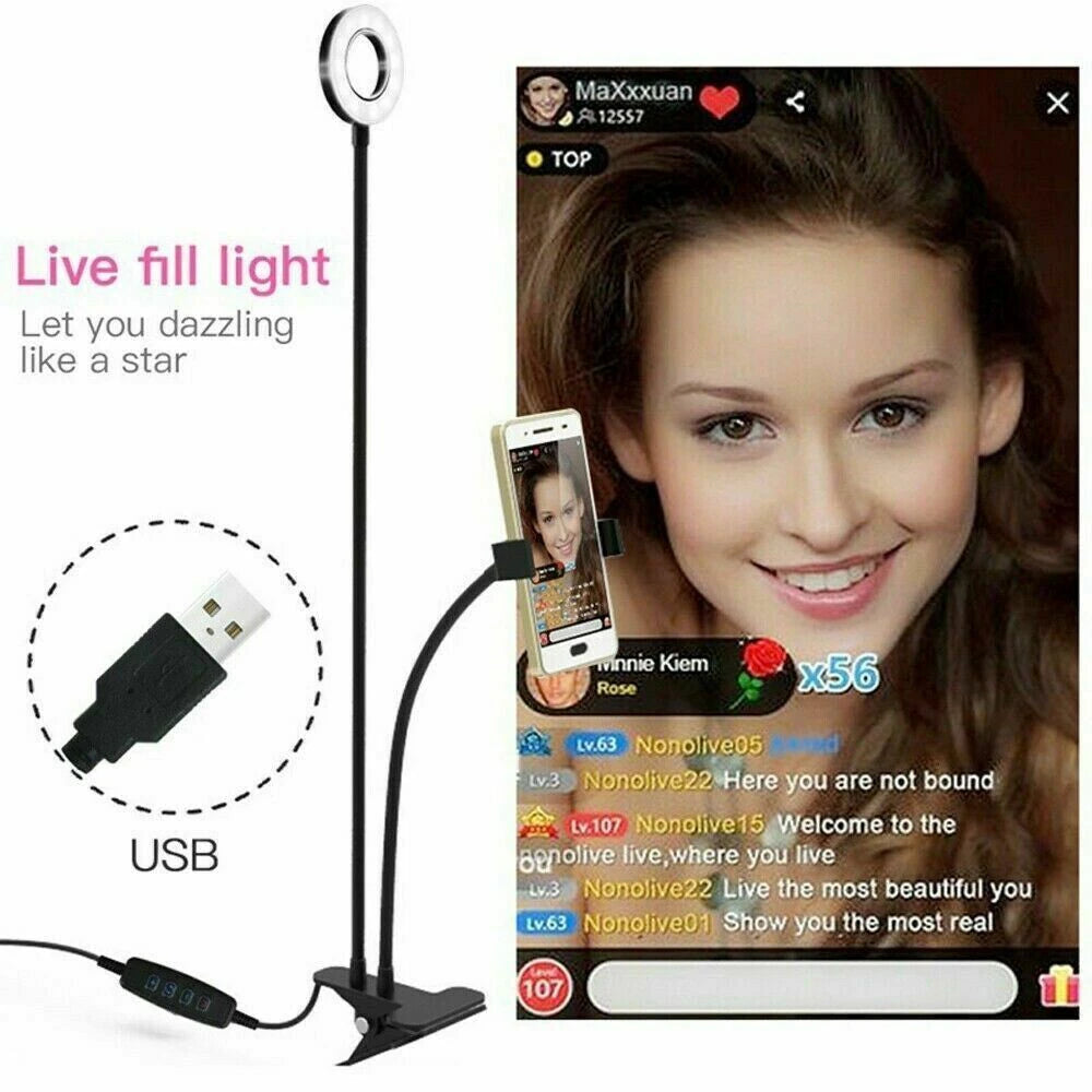 Dimmable LED Selfie Ring Light Camera Phone USB Ring Lamp Photography Fill Light with Phone Holder Stand for Makeup Live Stream