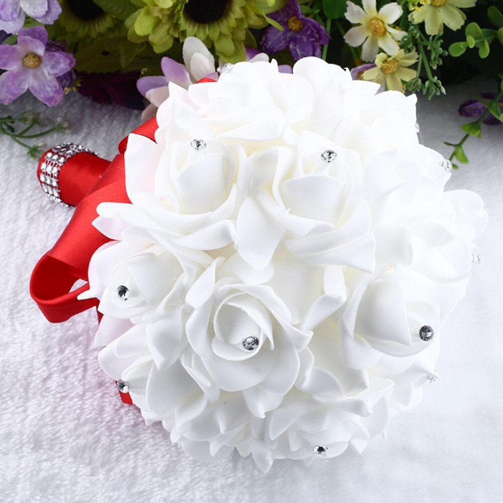 Crystal Roses Pearl Bridesmaid Wedding Bouquet Bridal Artificial Silk Flowers Artificial Flowers Valentines Day Gift