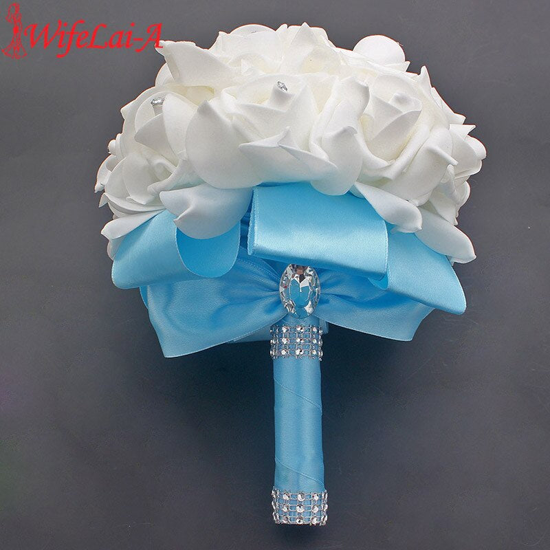 Cheap Prom Baby Blue Flower Brooch Wedding Bouquet De Mariage Wedding Bouquets PE Rose Diamond Ribbon Bouquet W2017D